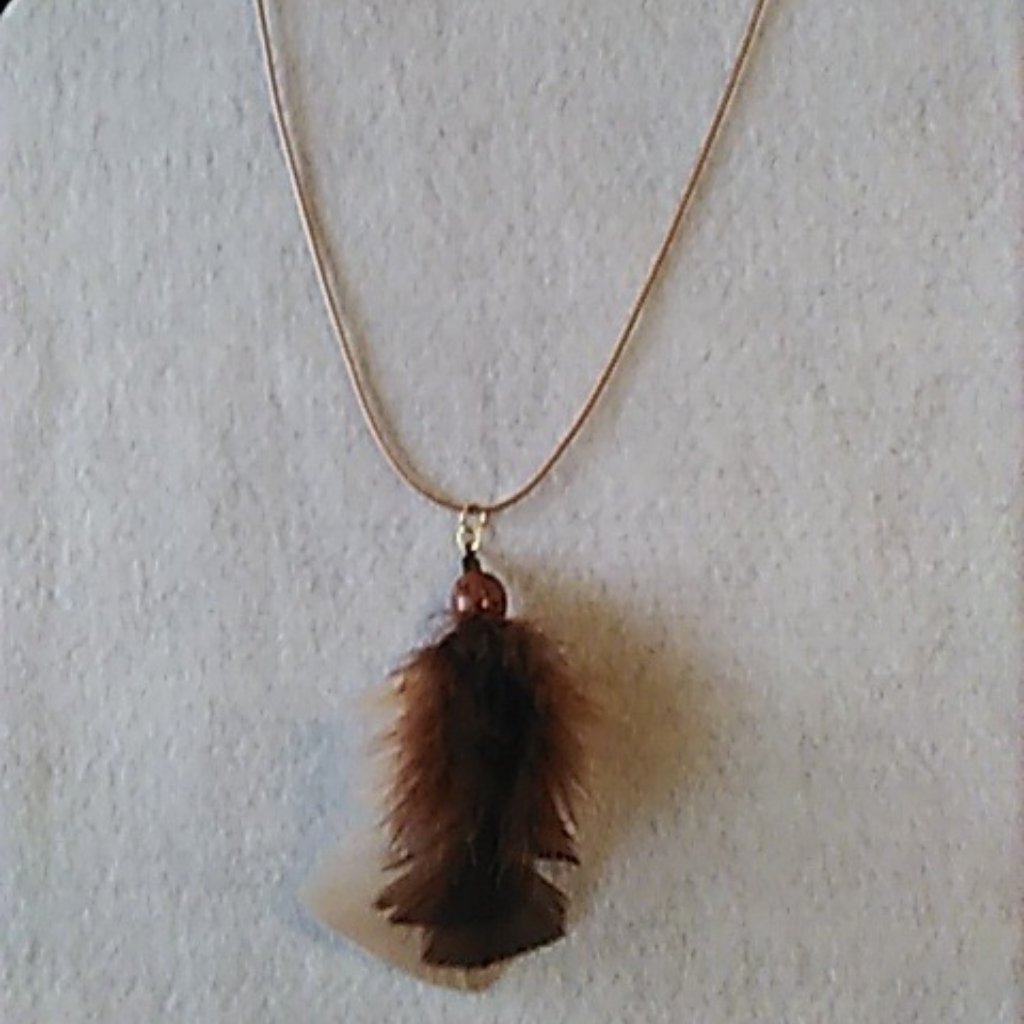 Necklace Feathers Brown & Tan Wood Bead On Light Brown Cord Handcrafted New